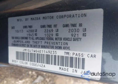2014 Mazda Mazda6 I Grand Touring from USA, damaged, VIN JM1GJ1W64E1149235